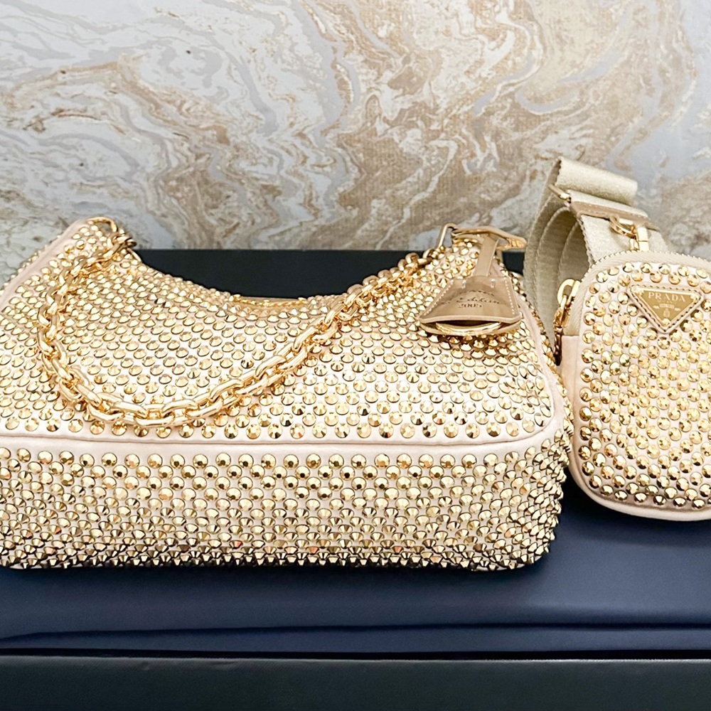 In Stores! Prada Crystal Embellished Metallic Re-Edition 2005 Gold Shoulder Bag - Picture 12 of 16